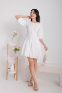 Daphine Button Sleeved Tiered Dress in White (MY)