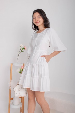 Daphine Button Sleeved Tiered Dress in White (MY)