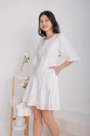 Daphine Button Sleeved Tiered Dress in White (MY)