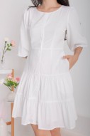 Daphine Button Sleeved Tiered Dress in White (MY)