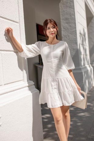 Daphine Button Sleeved Tiered Dress in White (MY)