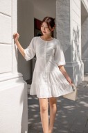 Daphine Button Sleeved Tiered Dress in White (MY)