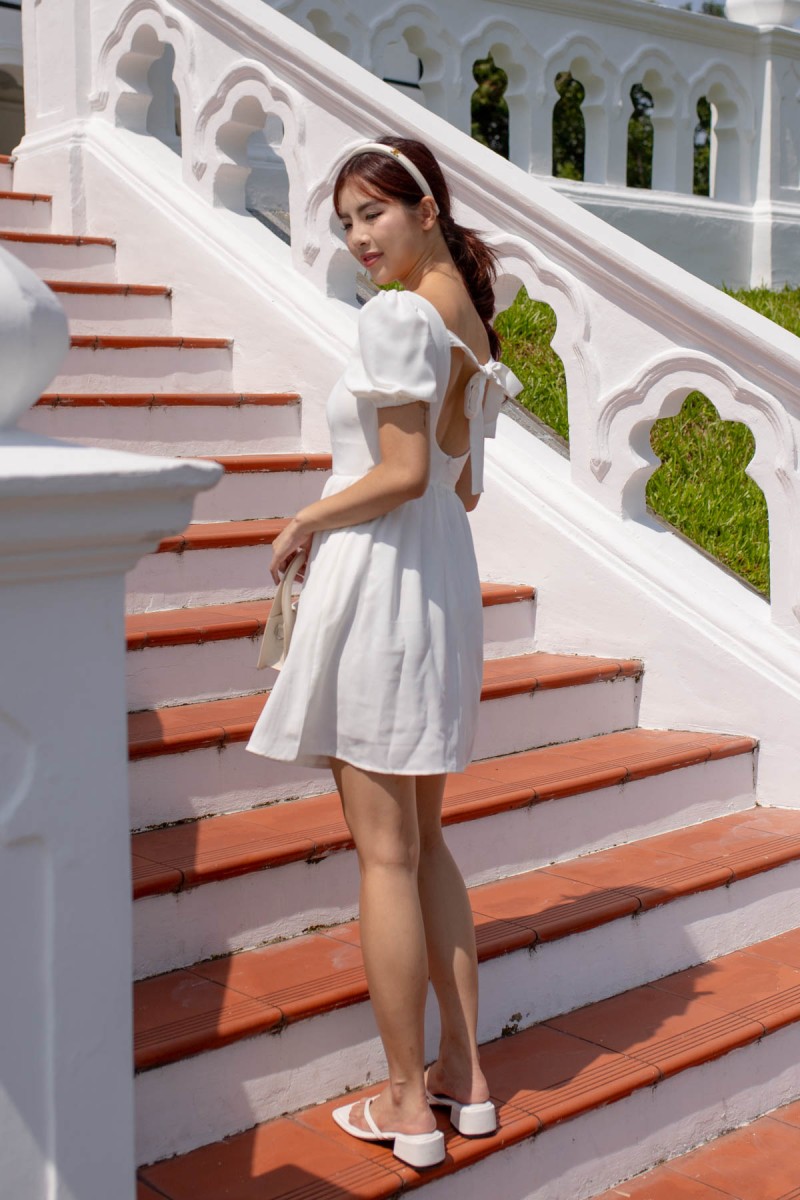 Cheya Padded Tie-Back Puff Dress in White (MY)