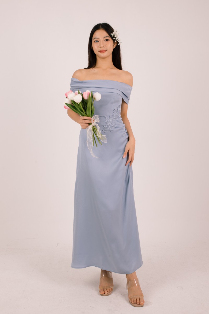 Vonna Crochet Off-Shoulder Dress in Blue