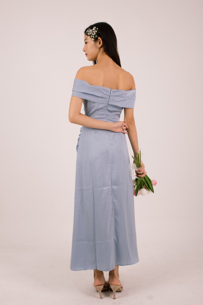 Vonna Crochet Off-Shoulder Dress in Blue
