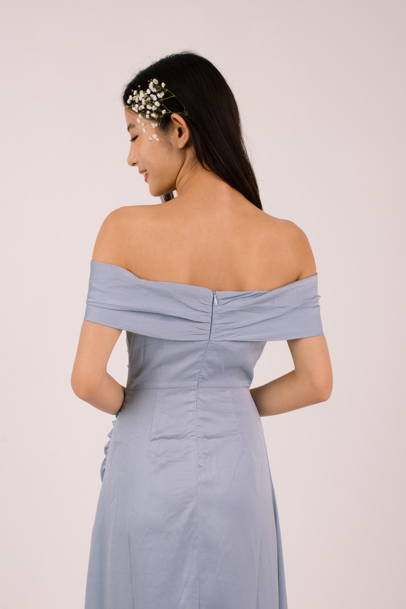 Vonna Crochet Off-Shoulder Dress in Blue