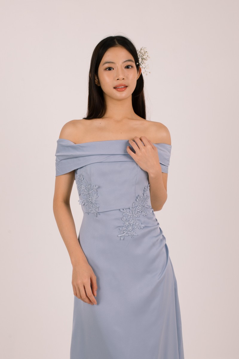 Vonna Crochet Off-Shoulder Dress in Blue