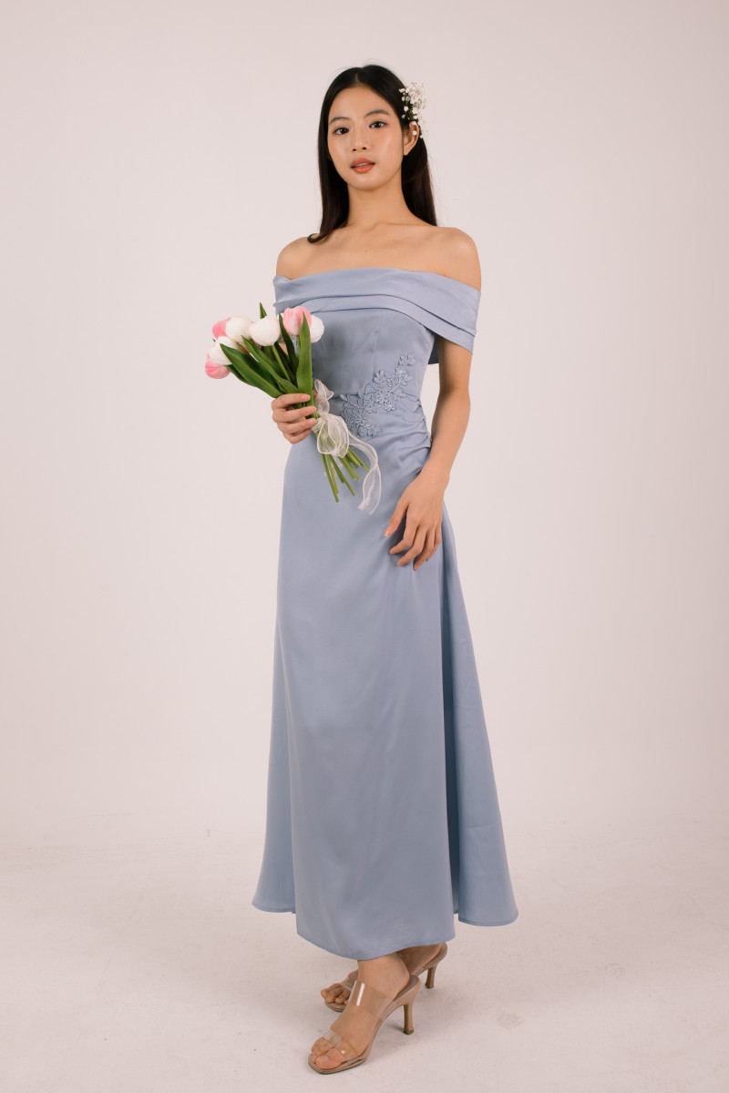 Vonna Crochet Off-Shoulder Dress in Blue