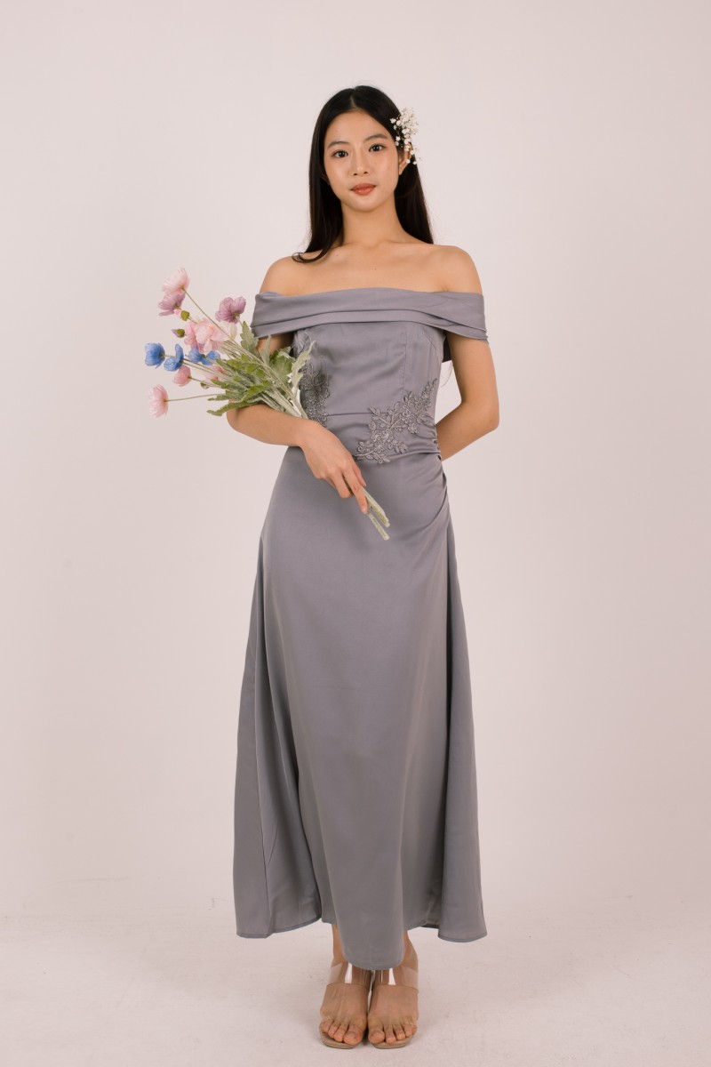 Vonna Crochet Off-Shoulder Dress in Grey