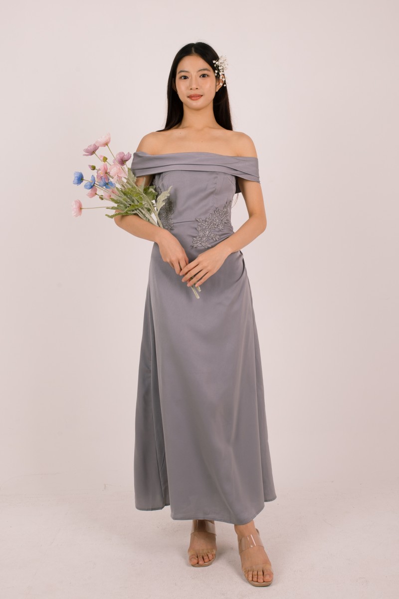 Vonna Crochet Off-Shoulder Dress in Grey
