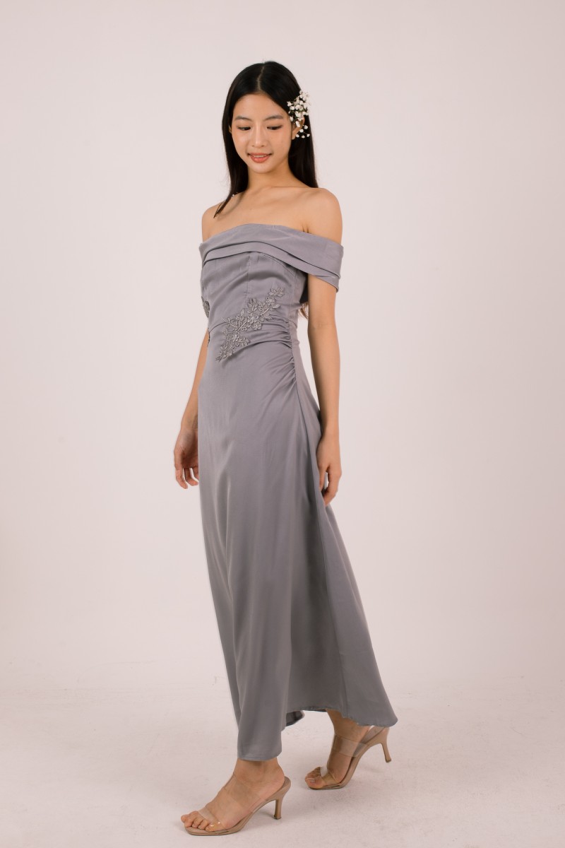Vonna Crochet Off-Shoulder Dress in Grey