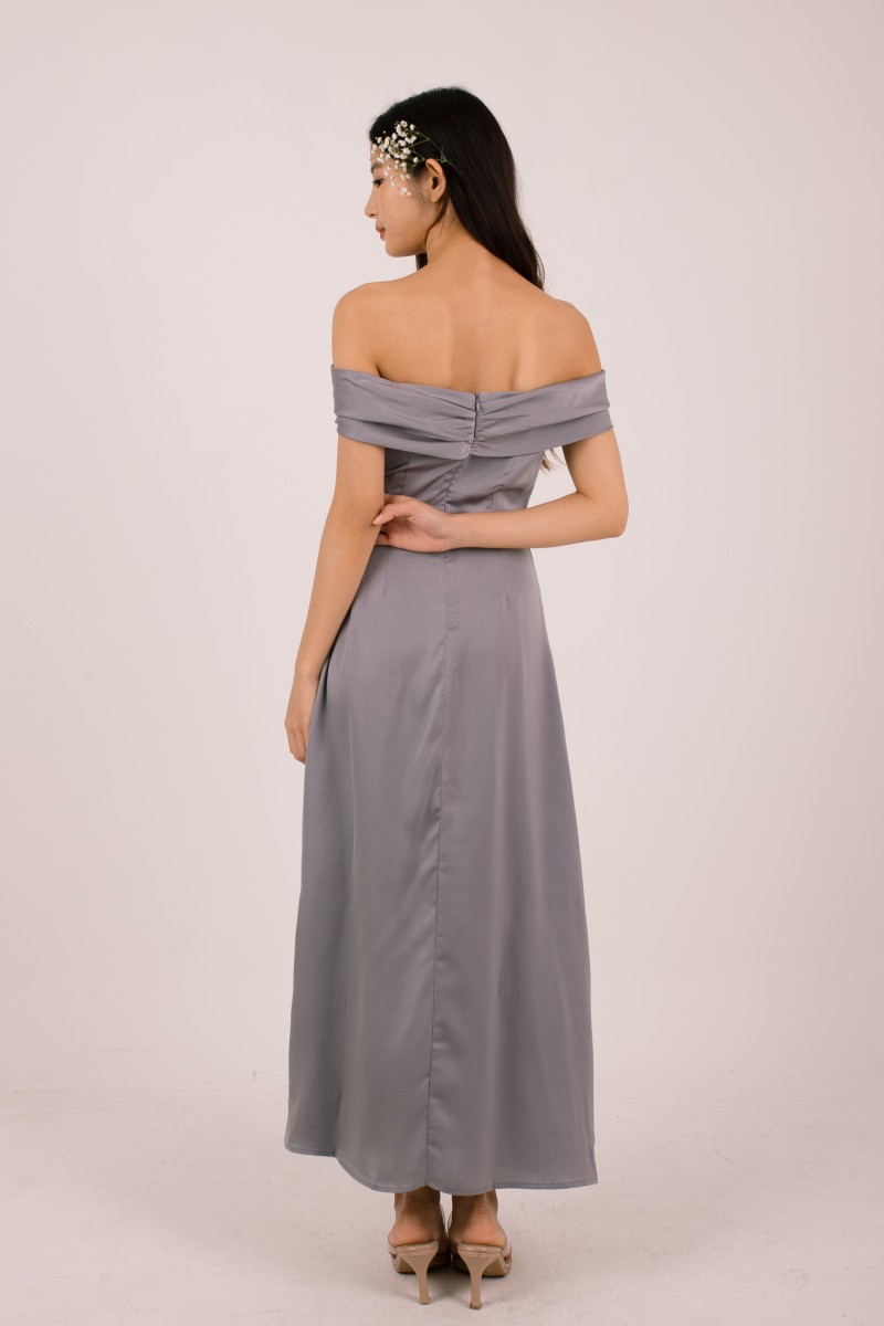 Vonna Crochet Off-Shoulder Dress in Grey