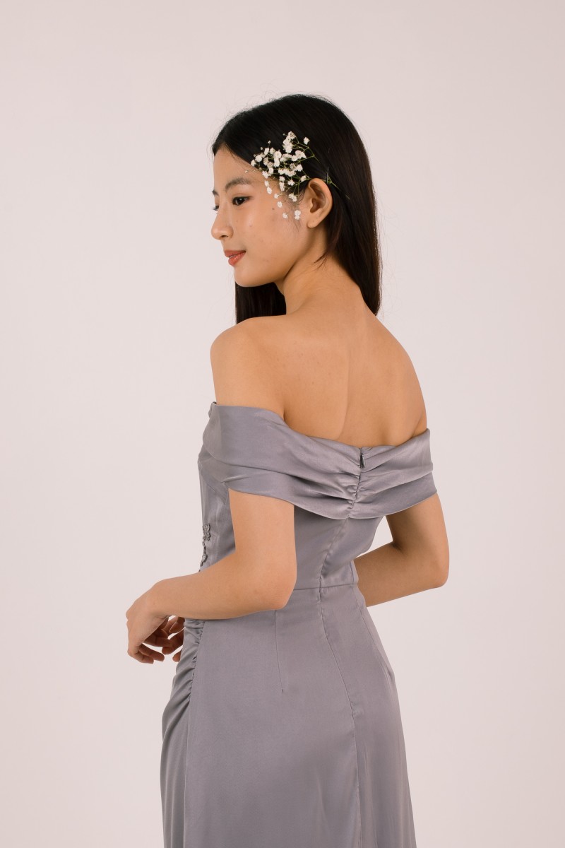Vonna Crochet Off-Shoulder Dress in Grey