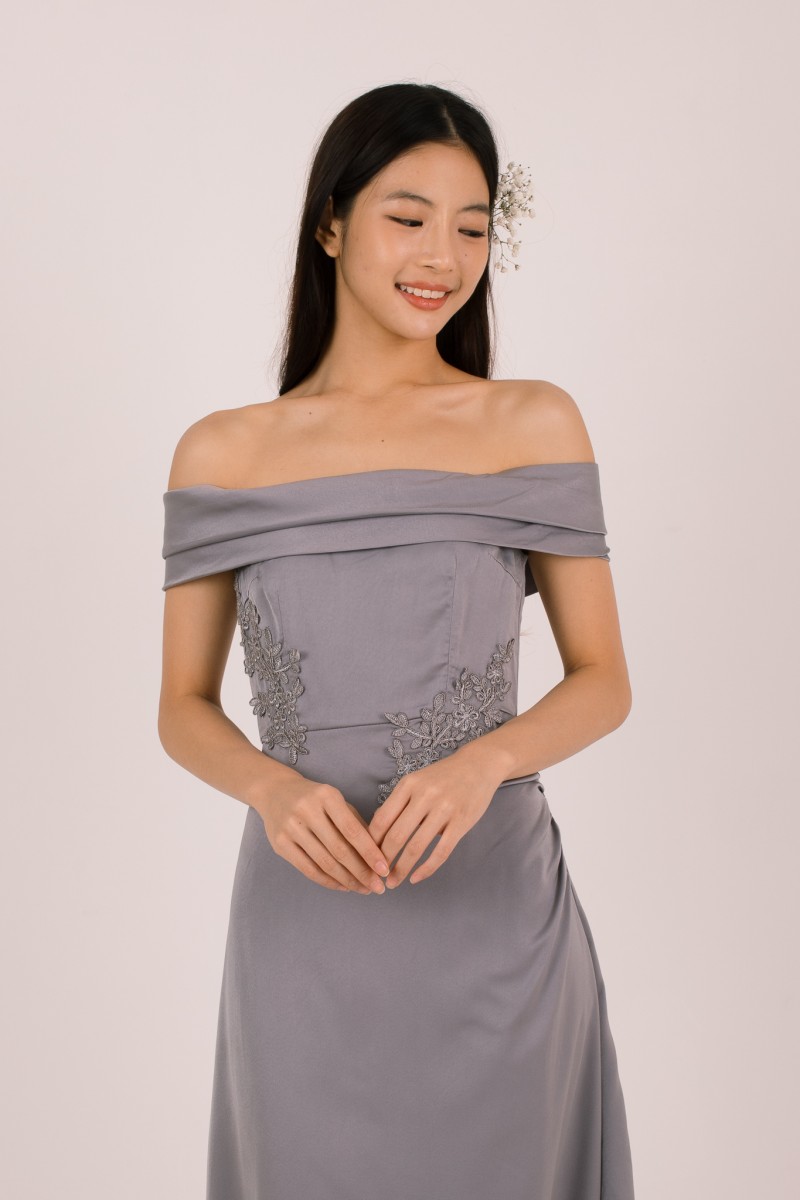 Vonna Crochet Off-Shoulder Dress in Grey