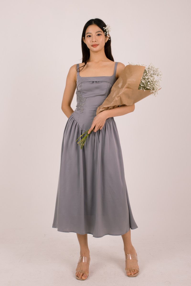 Amorette Corset Embroidered Dress in Grey