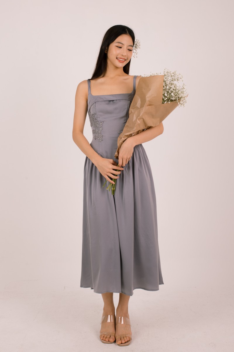 Amorette Corset Embroidered Dress in Grey