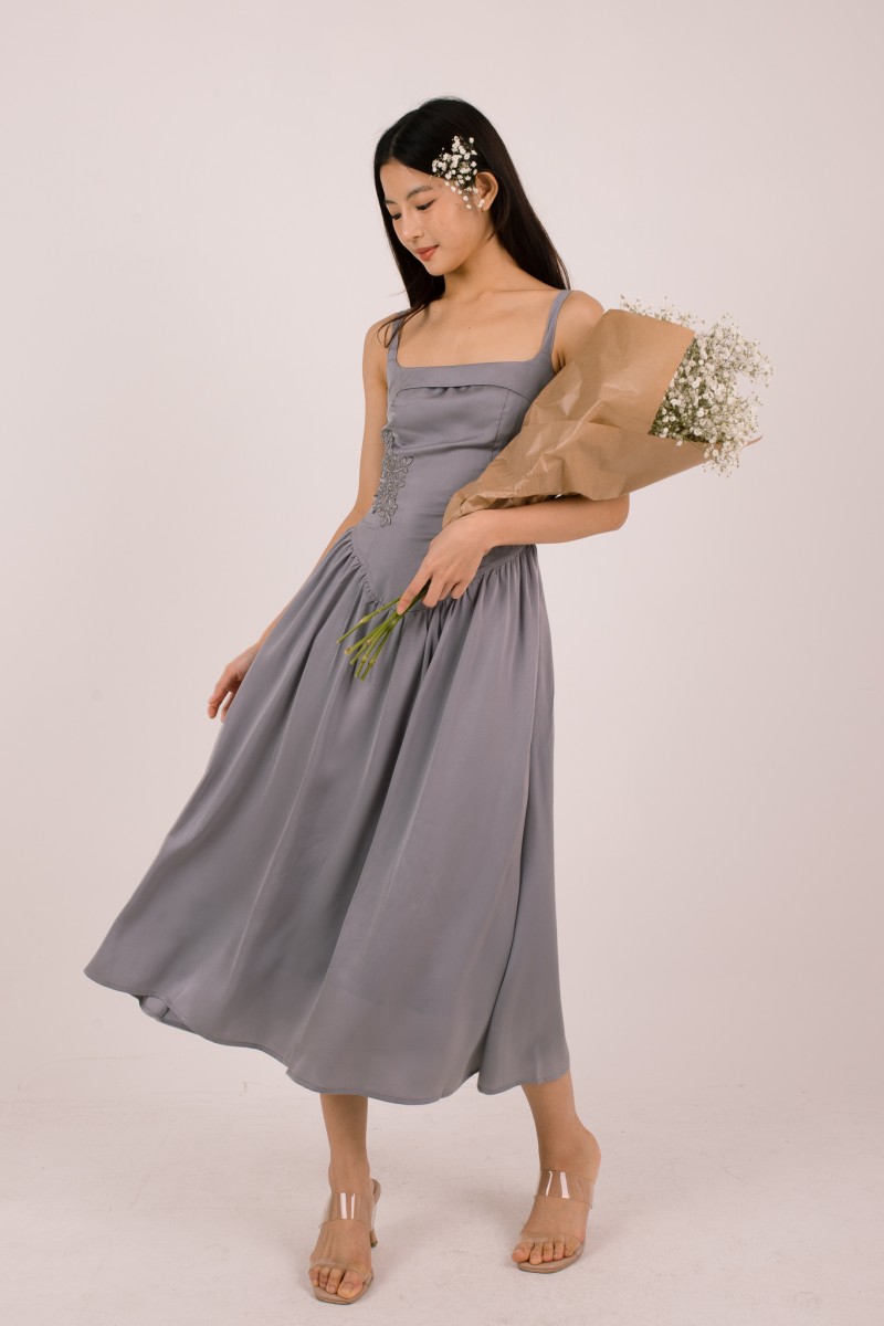 Amorette Corset Embroidered Dress in Grey