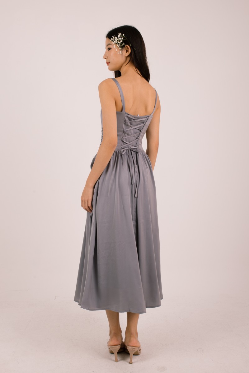 Amorette Corset Embroidered Dress in Grey
