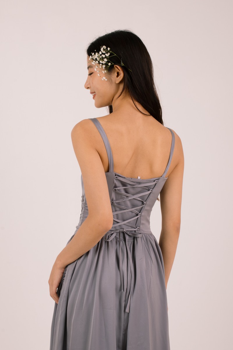 Amorette Corset Embroidered Dress in Grey