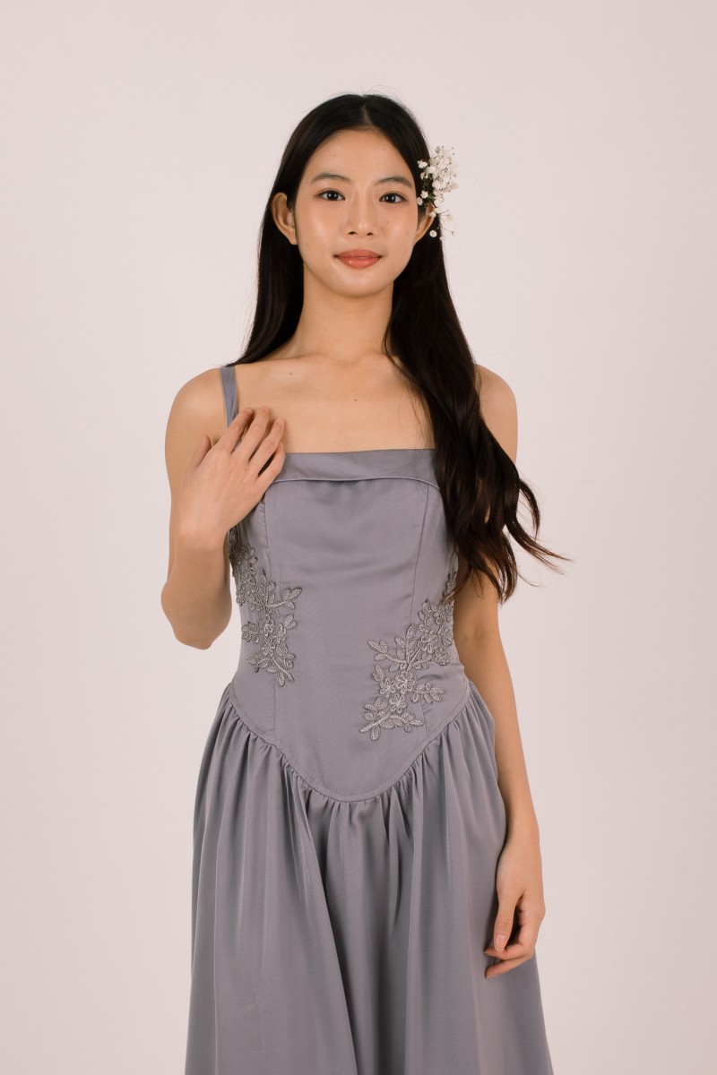 Amorette Corset Embroidered Dress in Grey