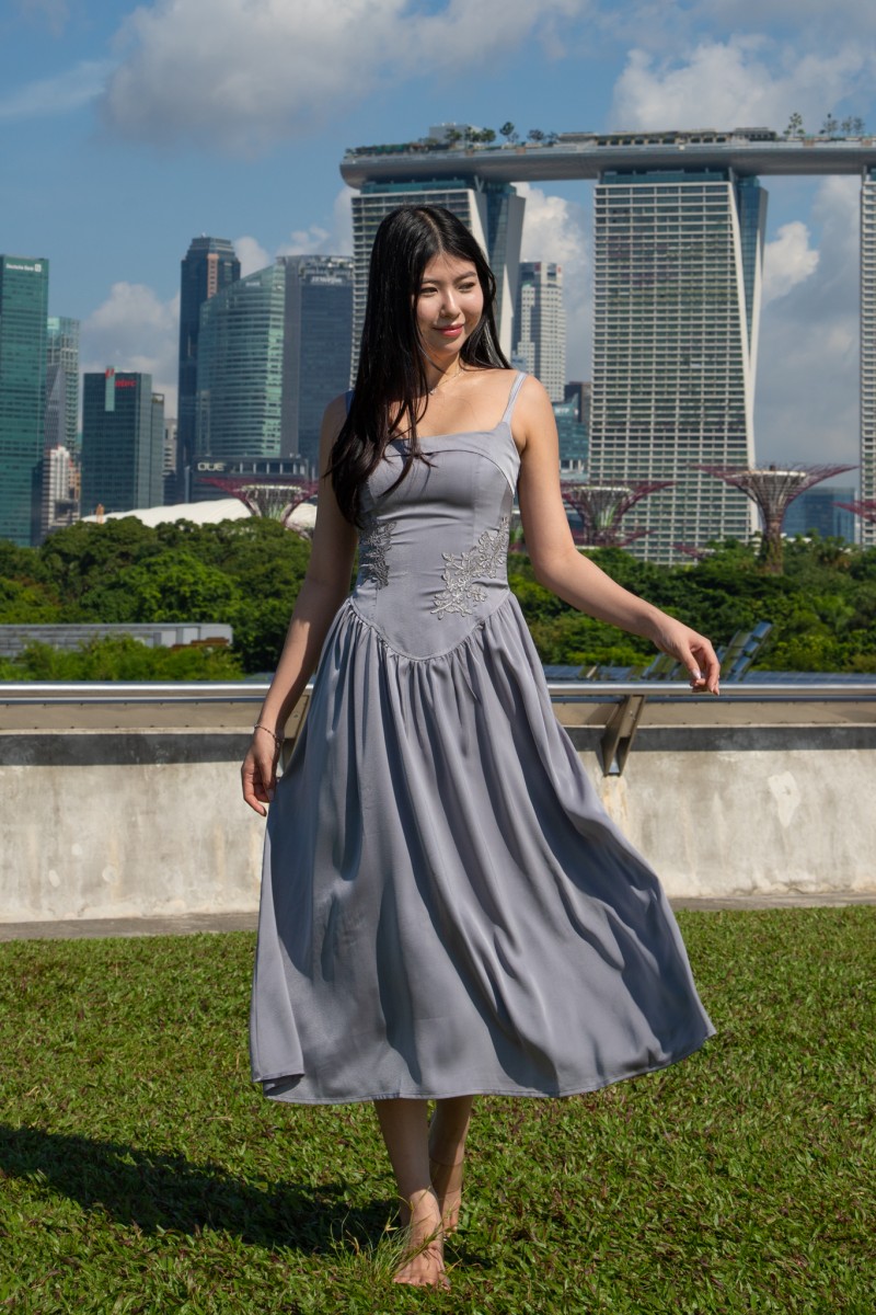 Amorette Corset Embroidered Dress in Grey