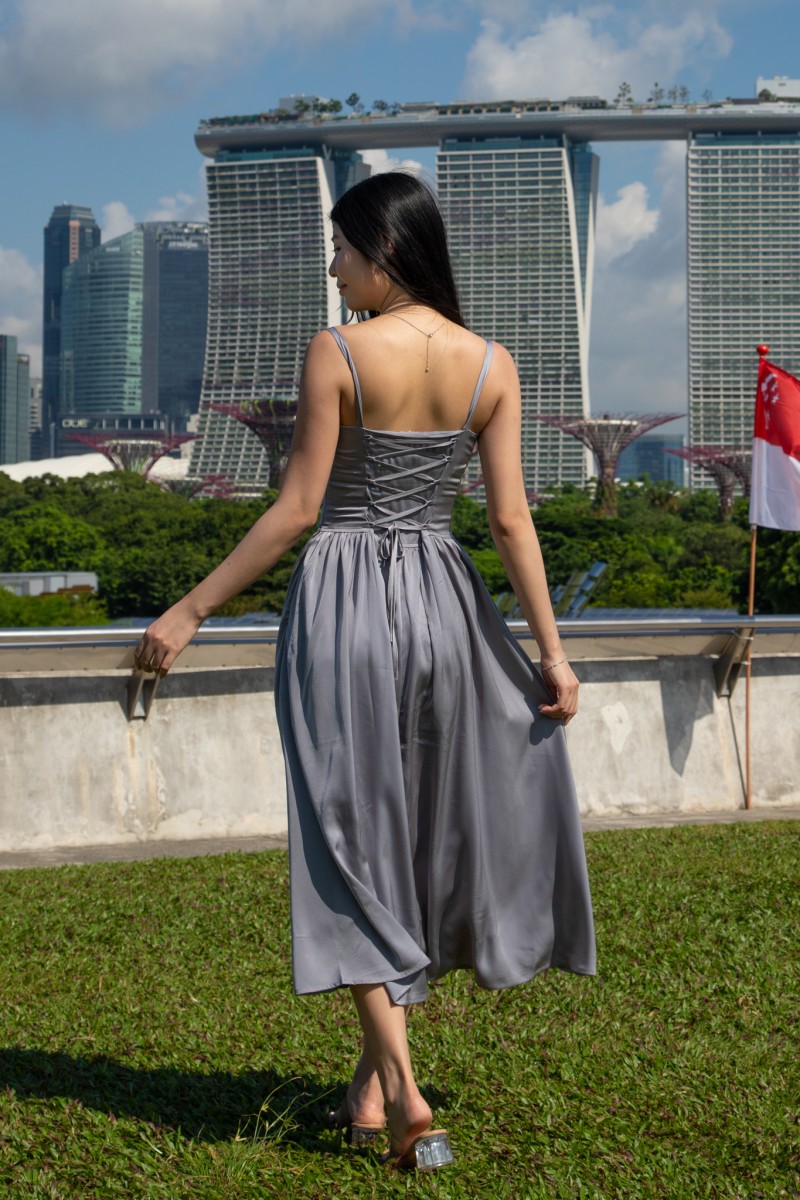 Amorette Corset Embroidered Dress in Grey