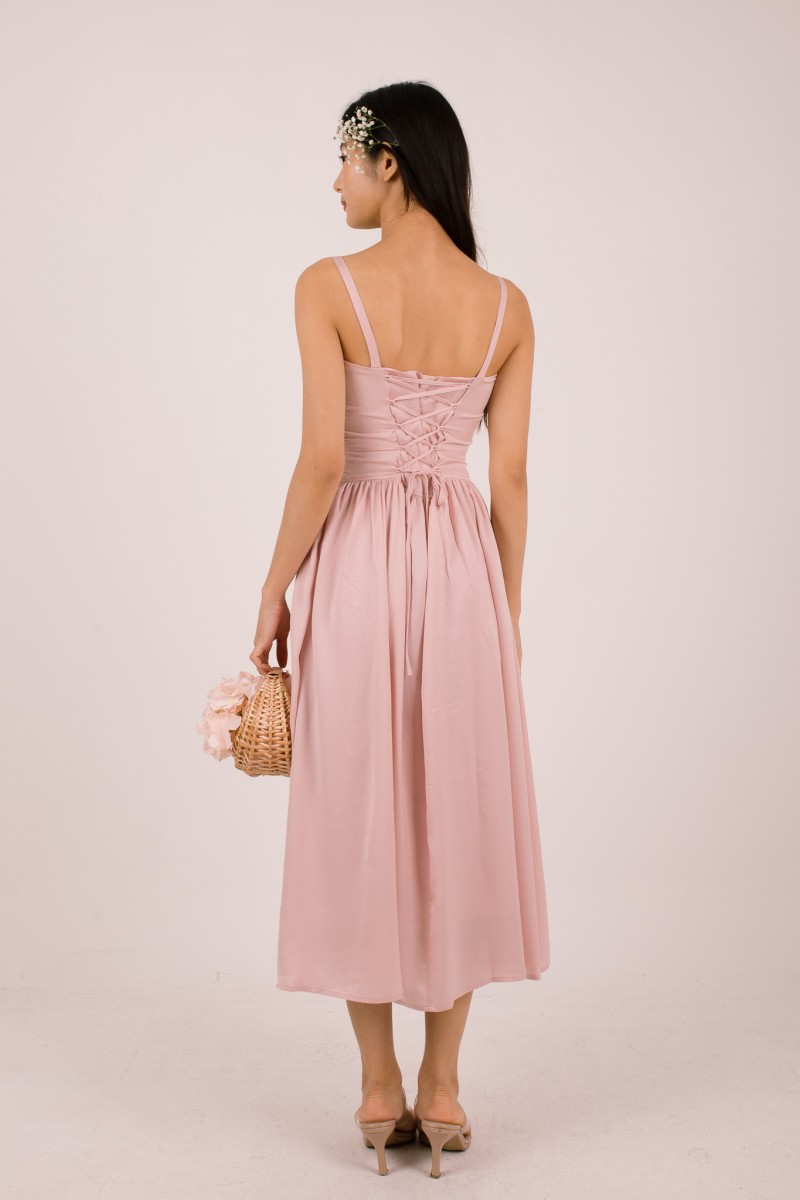 Amorette Corset Embroidered Dress in Pink
