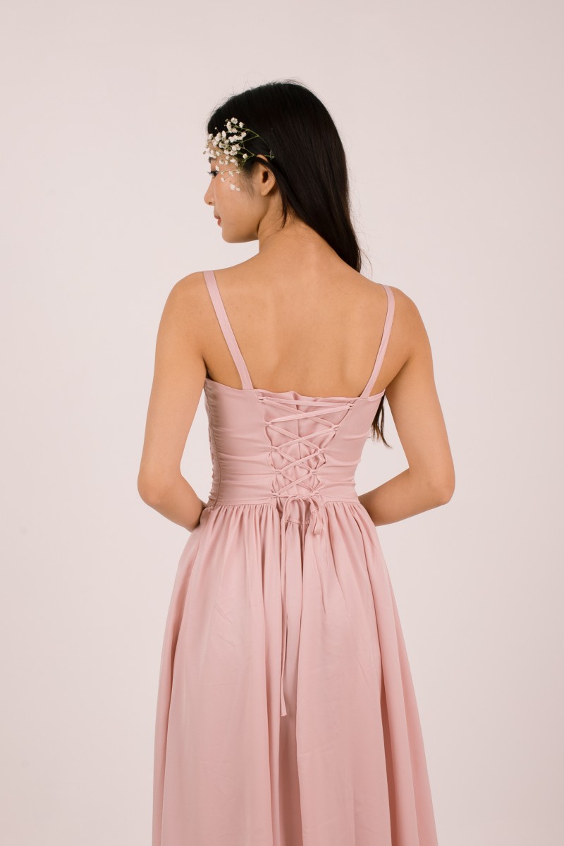 Amorette Corset Embroidered Dress in Pink