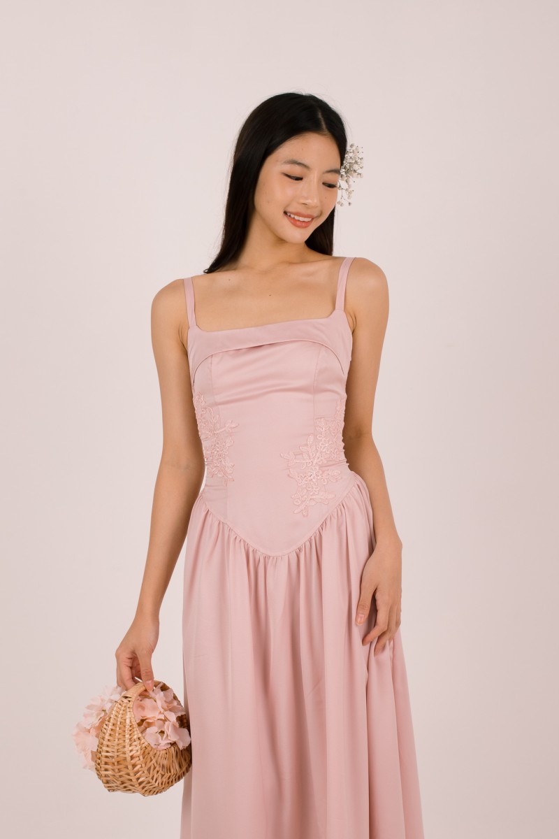 Amorette Corset Embroidered Dress in Pink