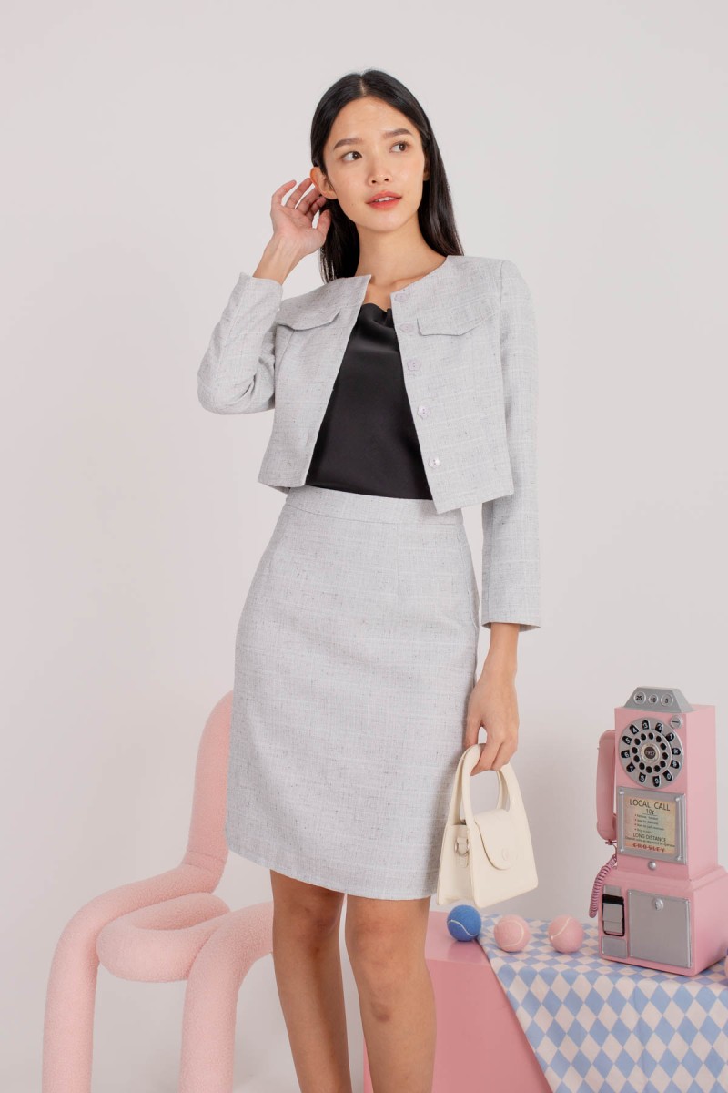 Peak Hour Tweed Crop Blazer in Steel (MY)