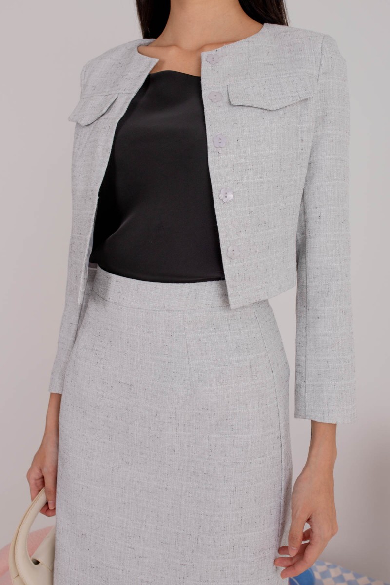 Peak Hour Tweed Crop Blazer in Steel (MY)