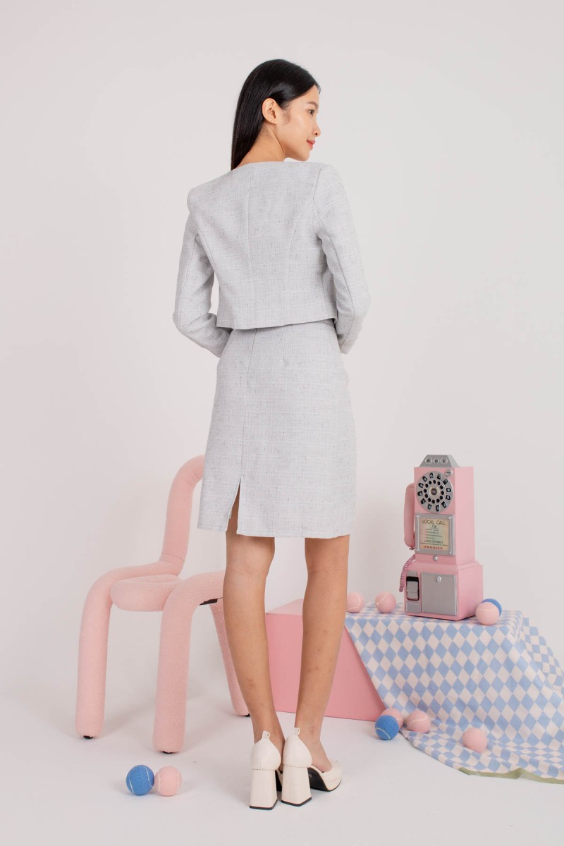 Peak Hour Tweed Crop Blazer in Steel (MY)