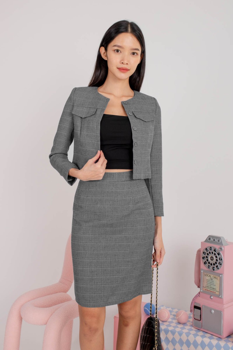 Peak Hour Tweed Crop Blazer in Gunmetal (MY)