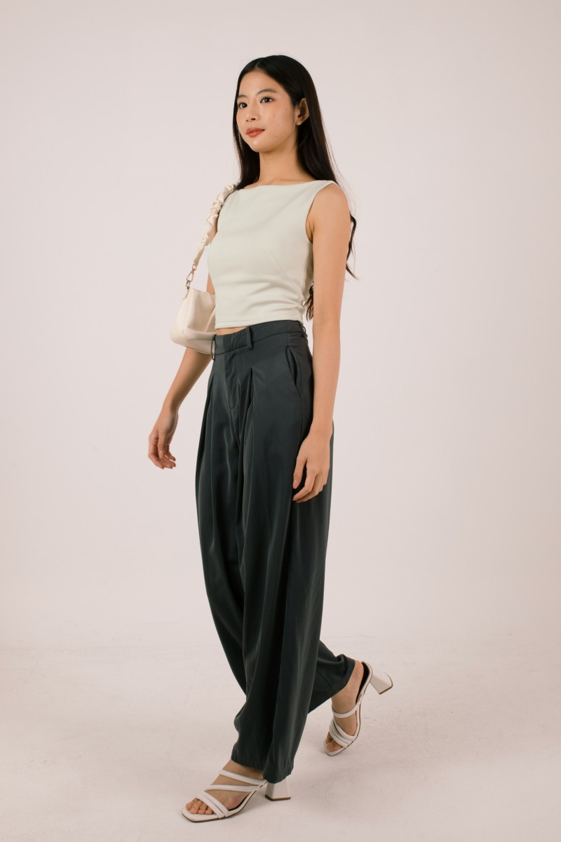 RESTOCK7: Paddle Padded Boat-Neck Top in Stone Grey
