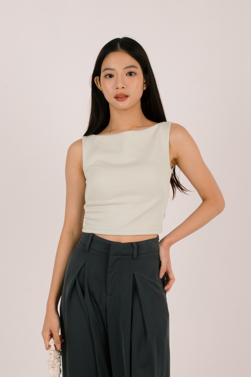 RESTOCK7: Paddle Padded Boat-Neck Top in Stone Grey