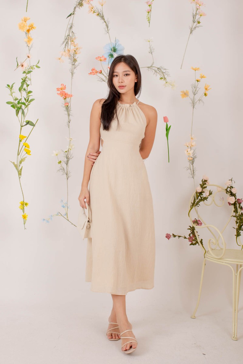 Alle Halter Side Cut Out Dress in Beige (MY)