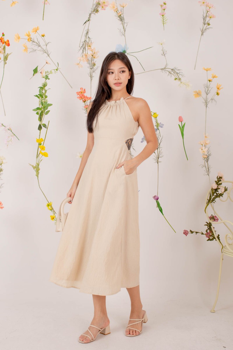 Alle Halter Side Cut Out Dress in Beige (MY)