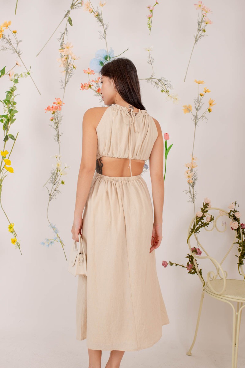 Alle Halter Side Cut Out Dress in Beige (MY)