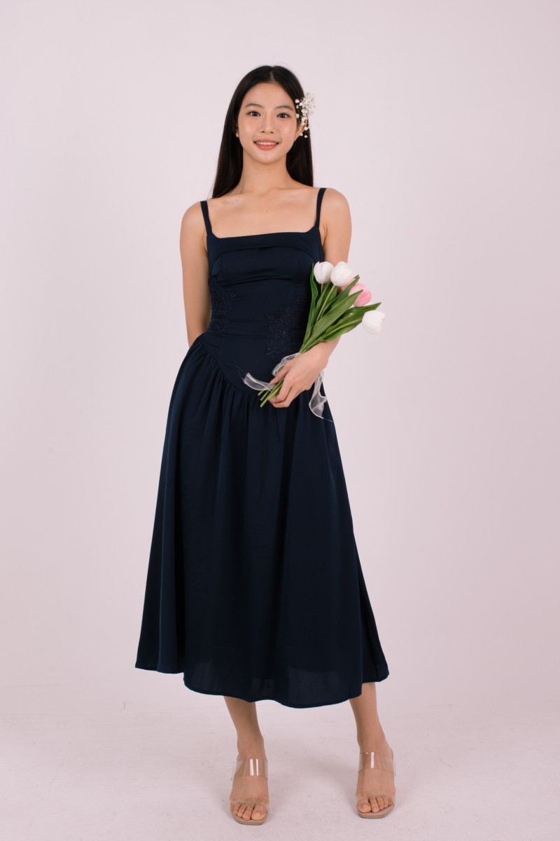 Amorette Corset Embroidered Dress in Navy