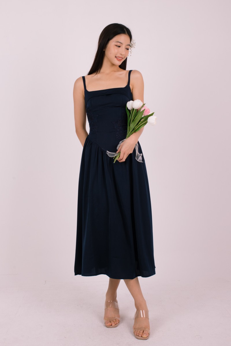 Amorette Corset Embroidered Dress in Navy
