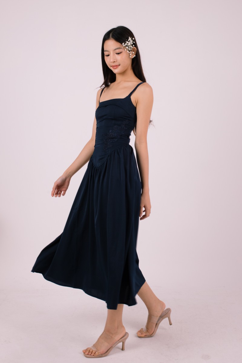 Amorette Corset Embroidered Dress in Navy