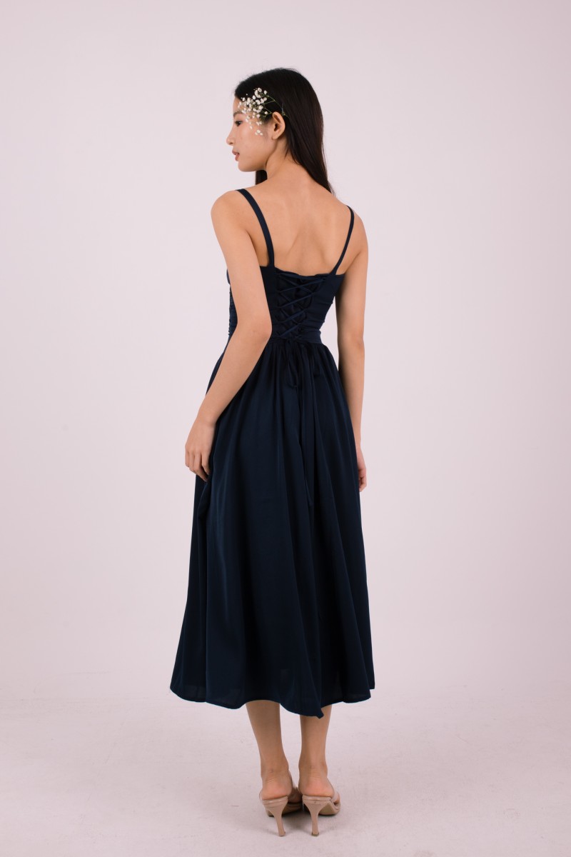 Amorette Corset Embroidered Dress in Navy