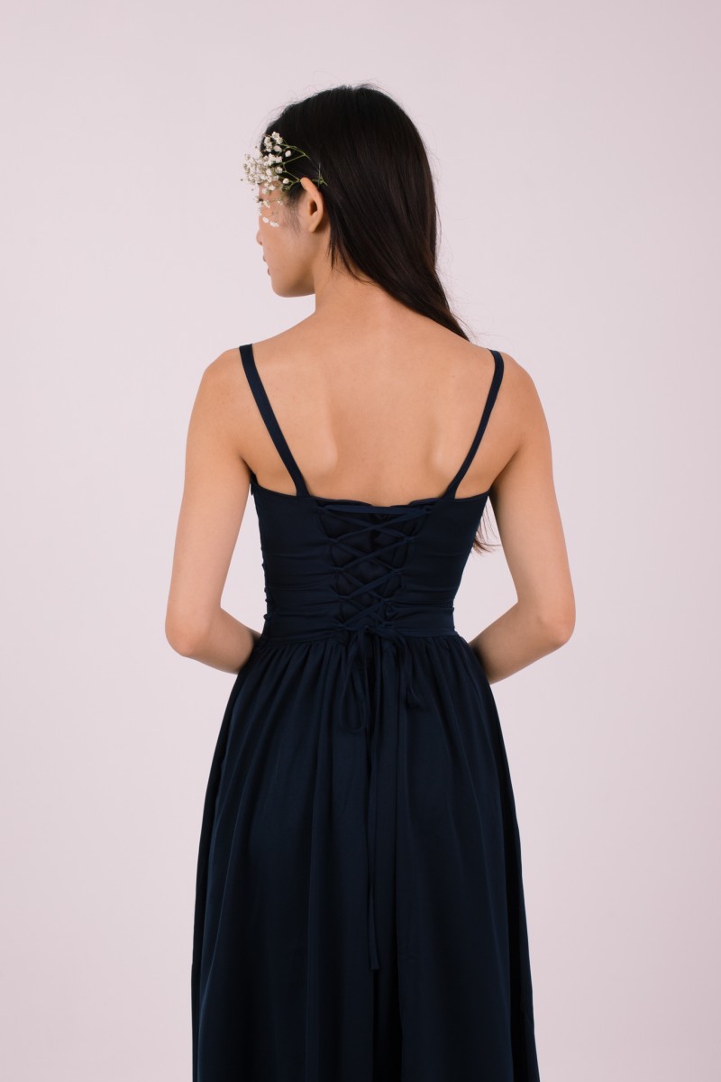 Amorette Corset Embroidered Dress in Navy