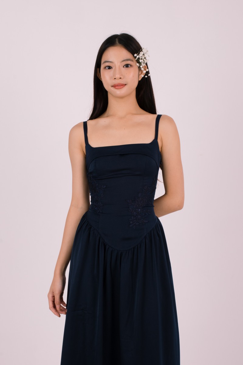 Amorette Corset Embroidered Dress in Navy