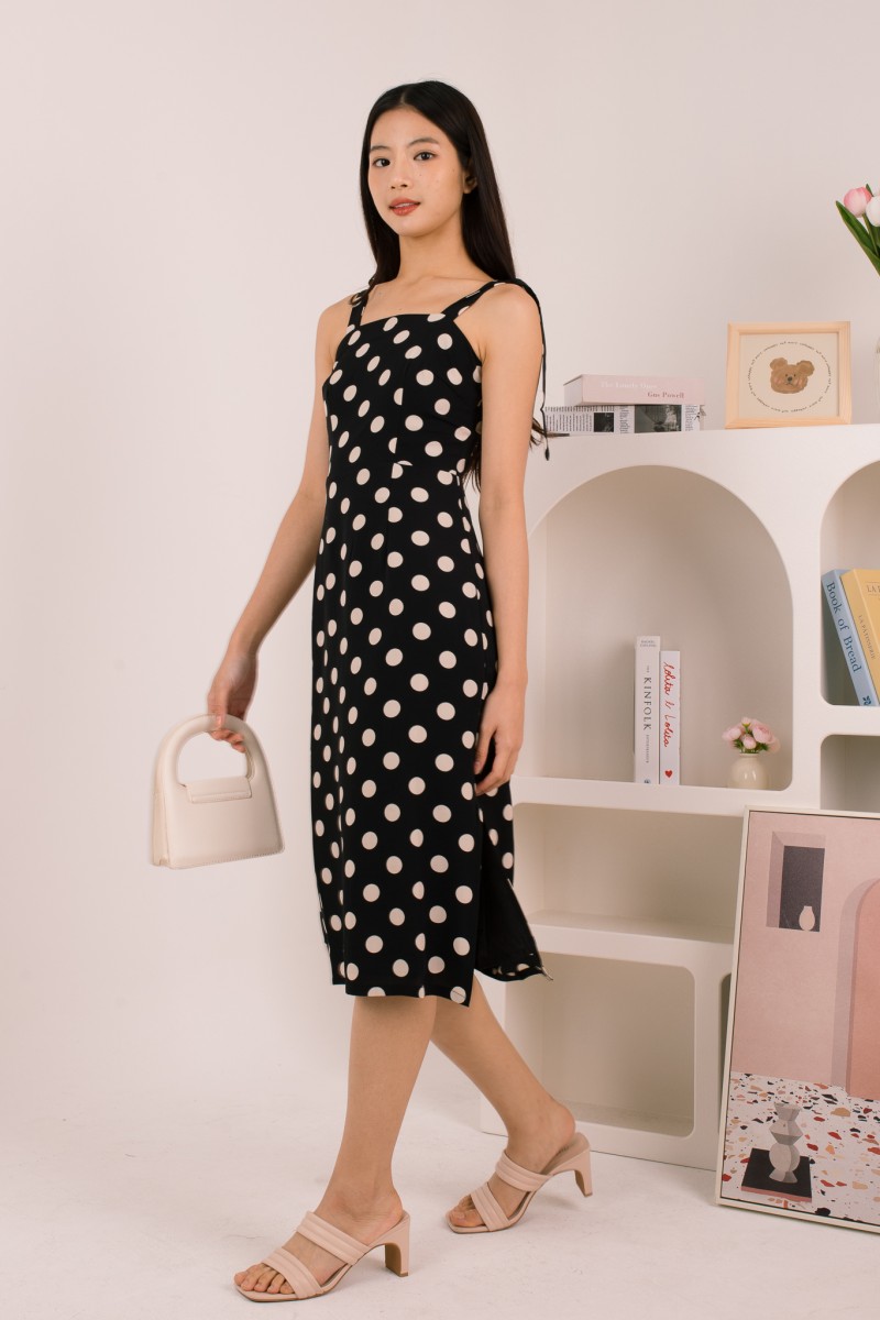 Liorah Tie-Sleeve Polka Dot Dress in Black