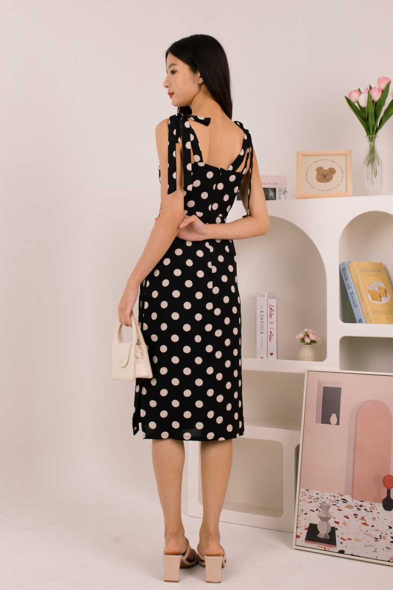 Liorah Tie-Sleeve Polka Dot Dress in Black