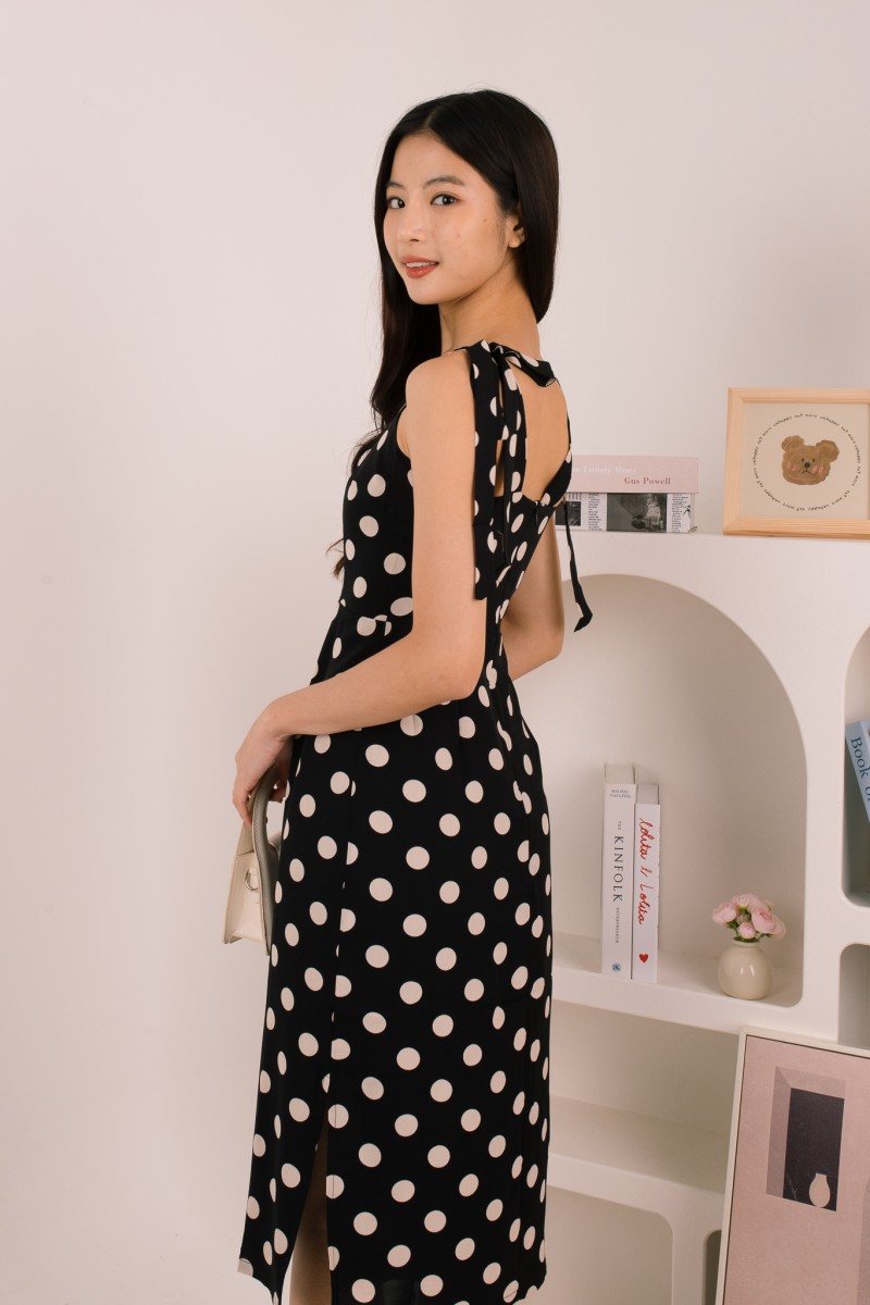 Liorah Tie-Sleeve Polka Dot Dress in Black