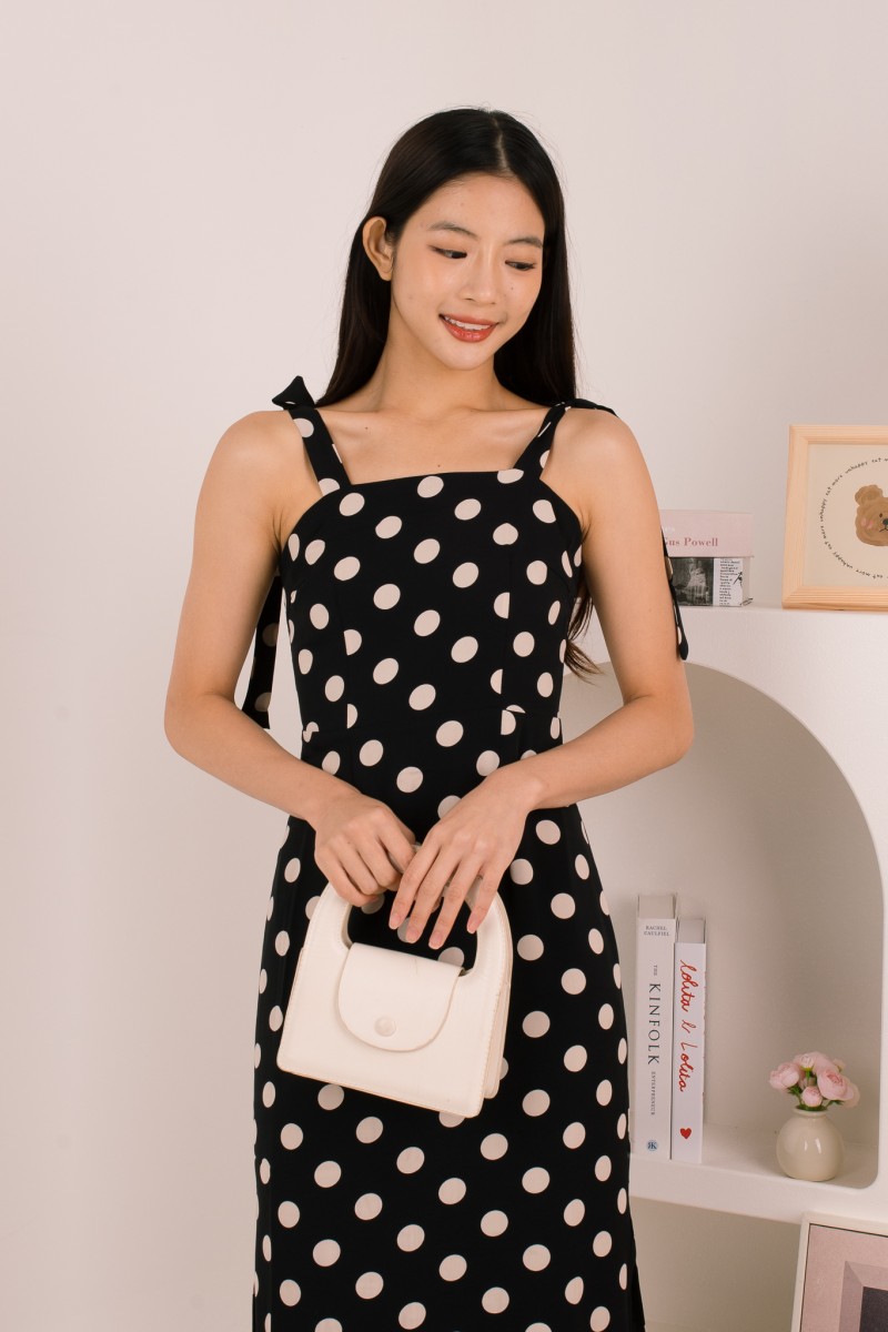 Liorah Tie-Sleeve Polka Dot Dress in Black