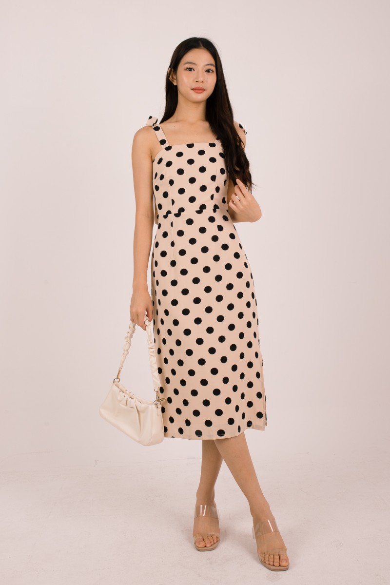Liorah Tie-Sleeve Polka Dot Dress in Cream