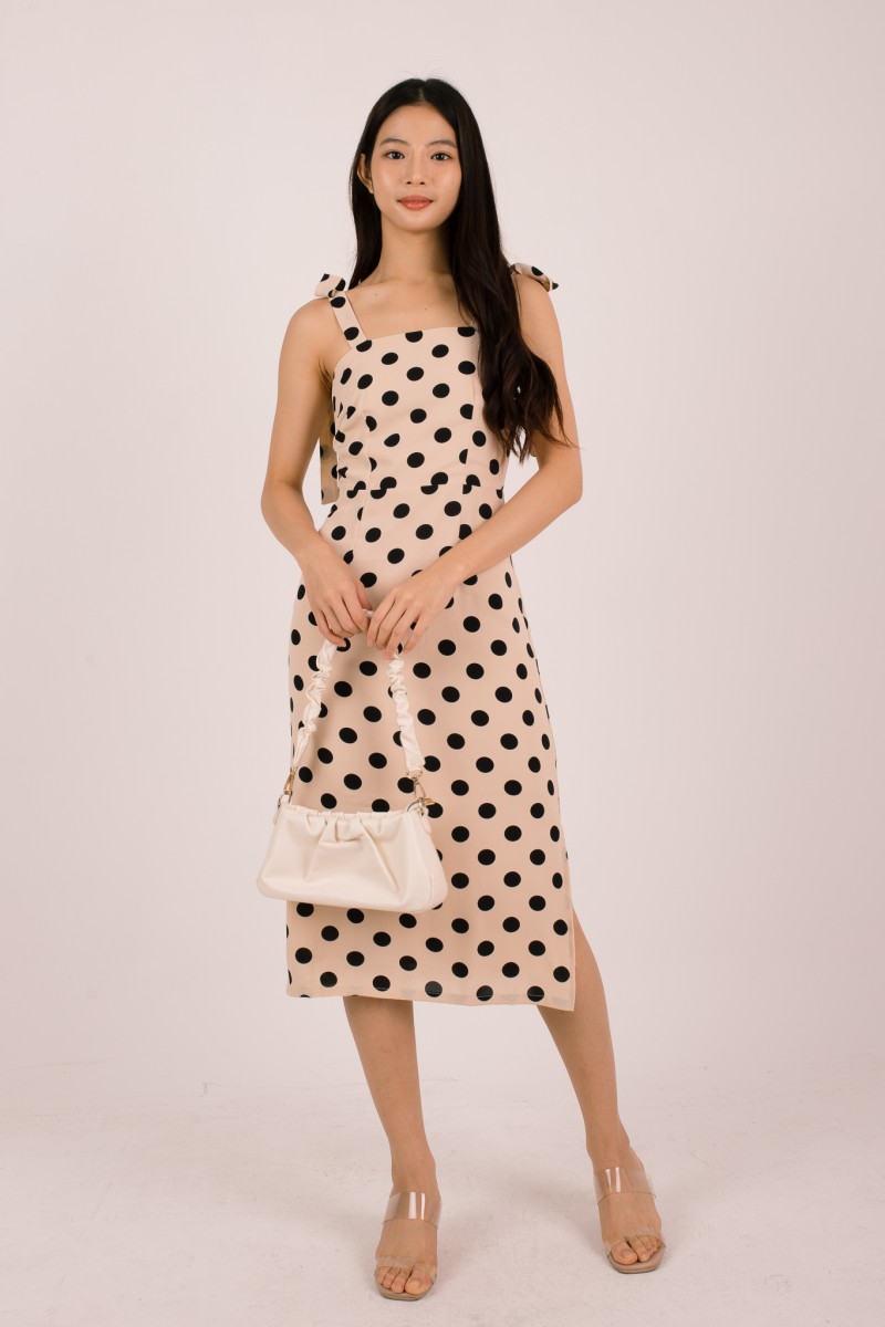 Liorah Tie-Sleeve Polka Dot Dress in Cream